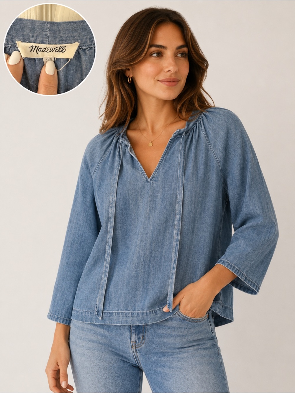 Madewell Chambray V-Neck Peasant Blouse in Light Blue